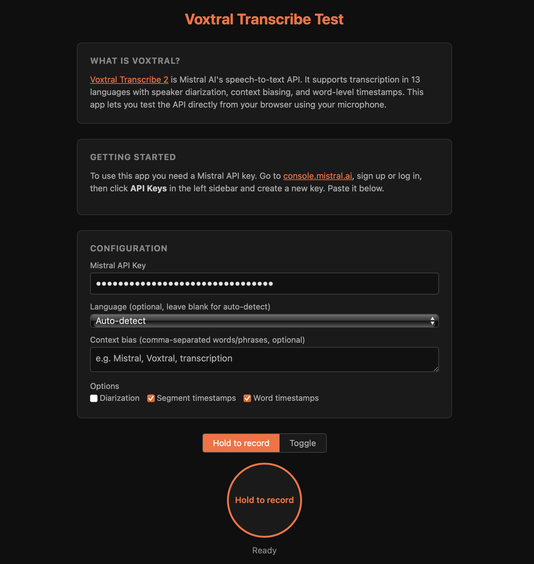 The Voxtral Transcribe test app.